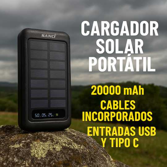 Cargador Solar Portátil con 4 Cables y Carga Inalámbrica – 20000mAh