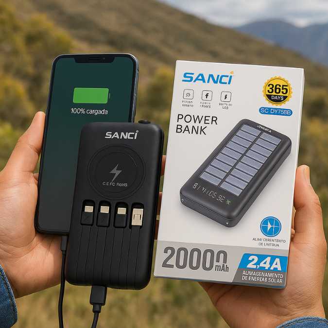 Cargador Solar Portátil con 4 Cables y Carga Inalámbrica – 20000mAh