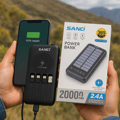 Cargador Solar Portátil con 4 Cables y Carga Inalámbrica – 20000mAh