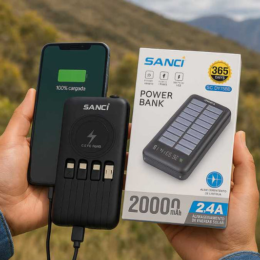 Cargador Solar Portátil con 4 Cables y Carga Inalámbrica – 20000mAh